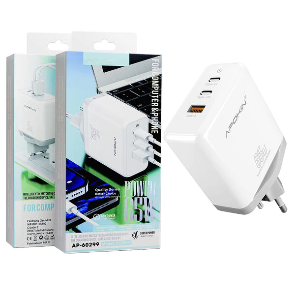 Super Cargador Ultra Rapido 65w 2 Tipo-C 1 USB Apokin